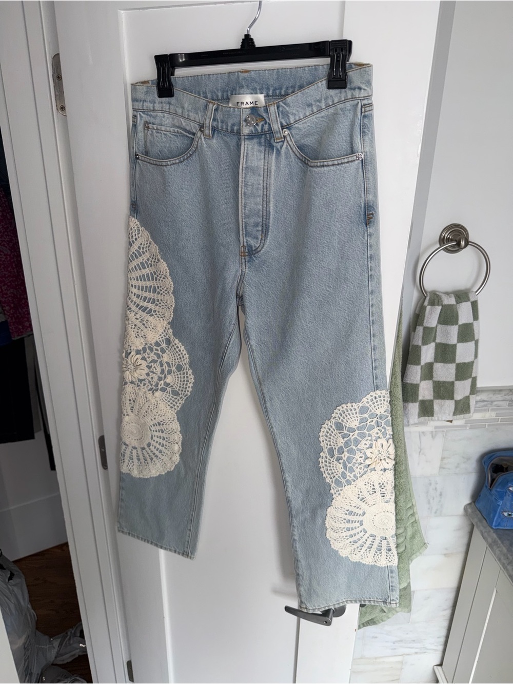 Frame Denim Light Blue Straight-Leg Jeans with Cream Crochet Panels